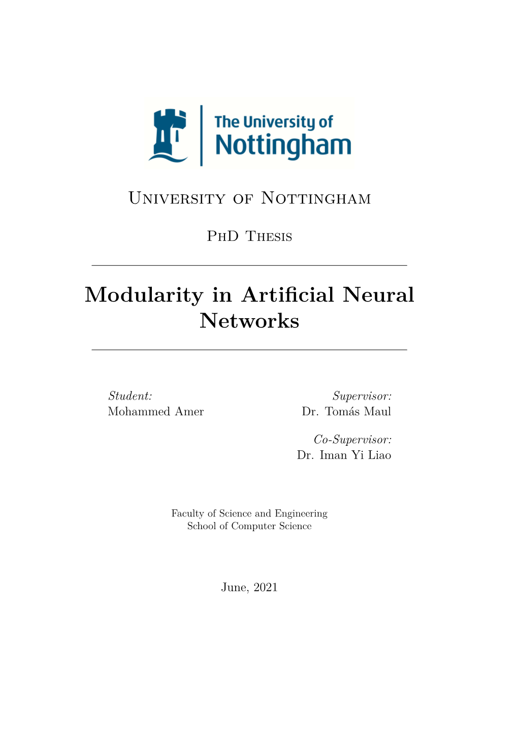 Modularity in Artificial Neural Networks