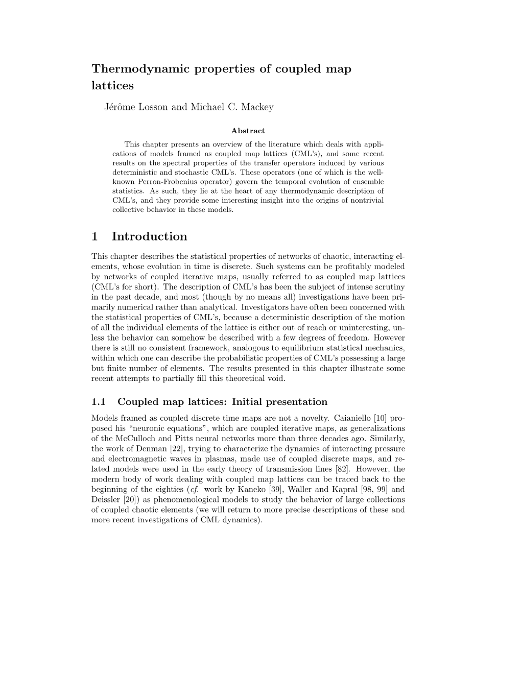 Thermodynamic Properties of Coupled Map Lattices 1 Introduction