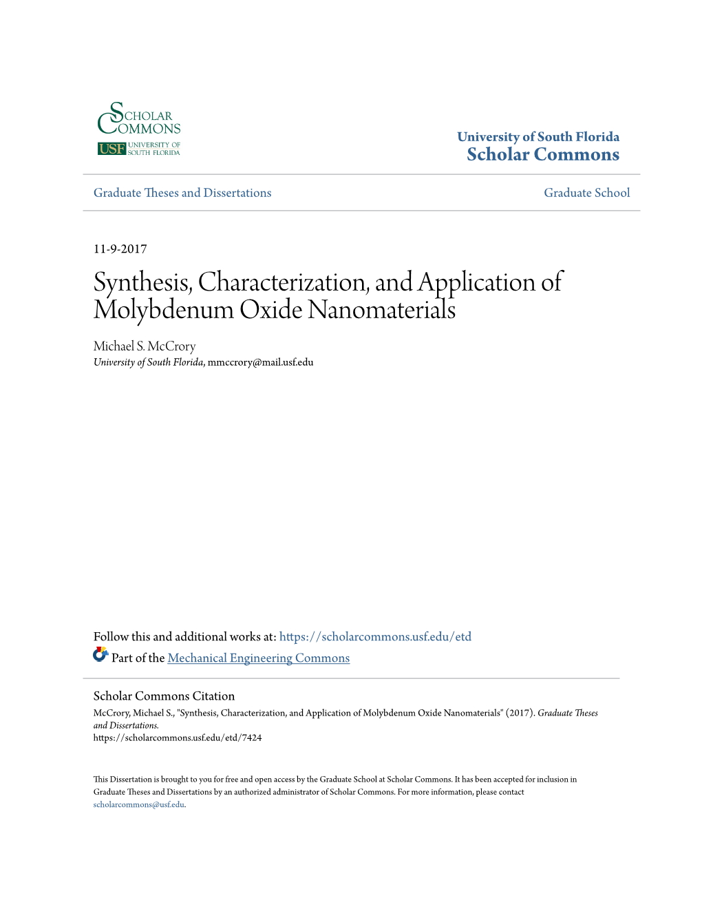 Synthesis, Characterization, and Application of Molybdenum Oxide Nanomaterials Michael S