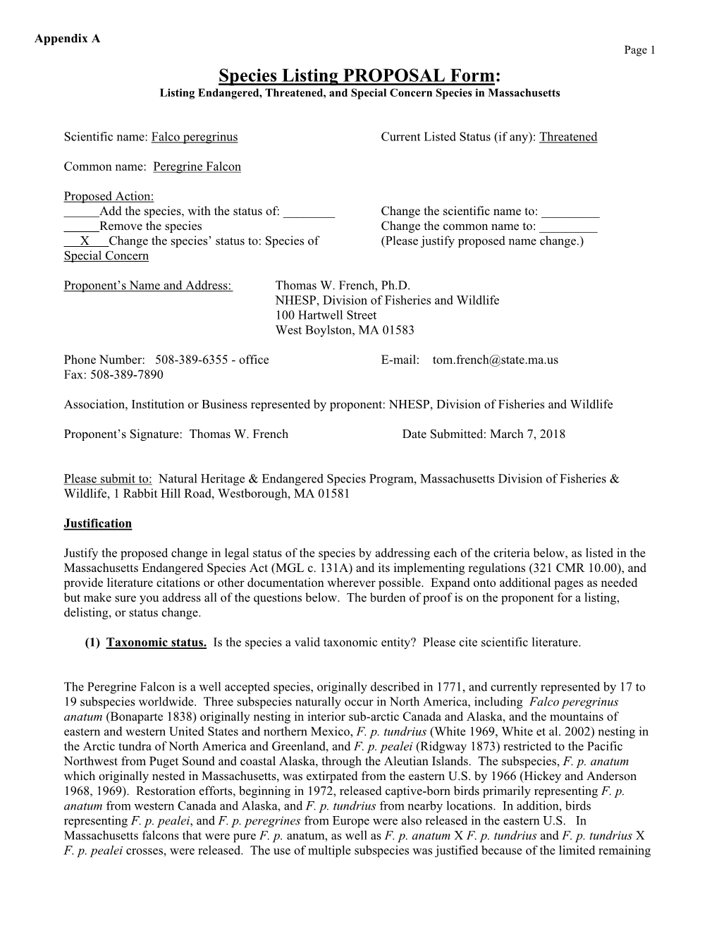 Species Listing PROPOSAL Form: Listing Endangered, Threatened, and Special Concern Species in Massachusetts