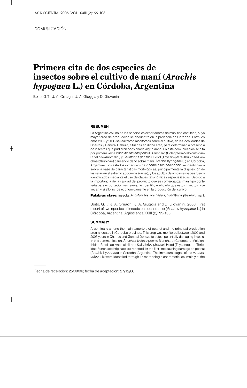 Primera Cita De Dos Especies De Insectos Sobre El Cultivo De Maní (Arachis Hypogaea L.) En Córdoba, Argentina