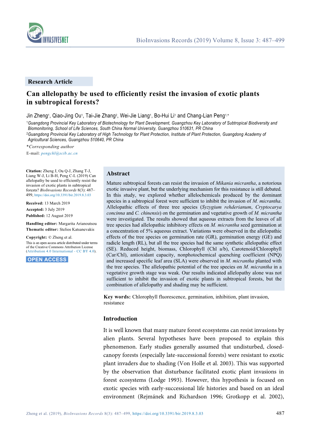 Allelopathy Be Used to Efficiently Resist the Invasion of Exotic Plants in Subtropical Forests?