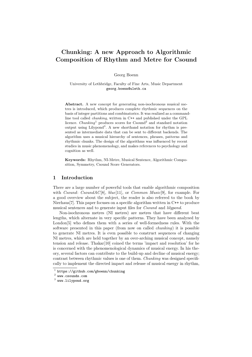 Chunking: a New Approach to Algorithmic Composition of Rhythm and Metre for Csound