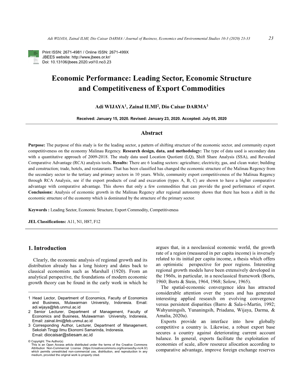 Leading Sector, Economic Structure and Competitiveness of Export Commodities