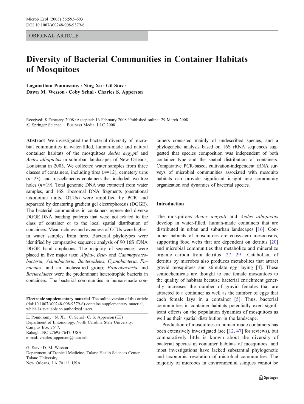 Diversity of Bacterial Communities in Container Habitats of Mosquitoes