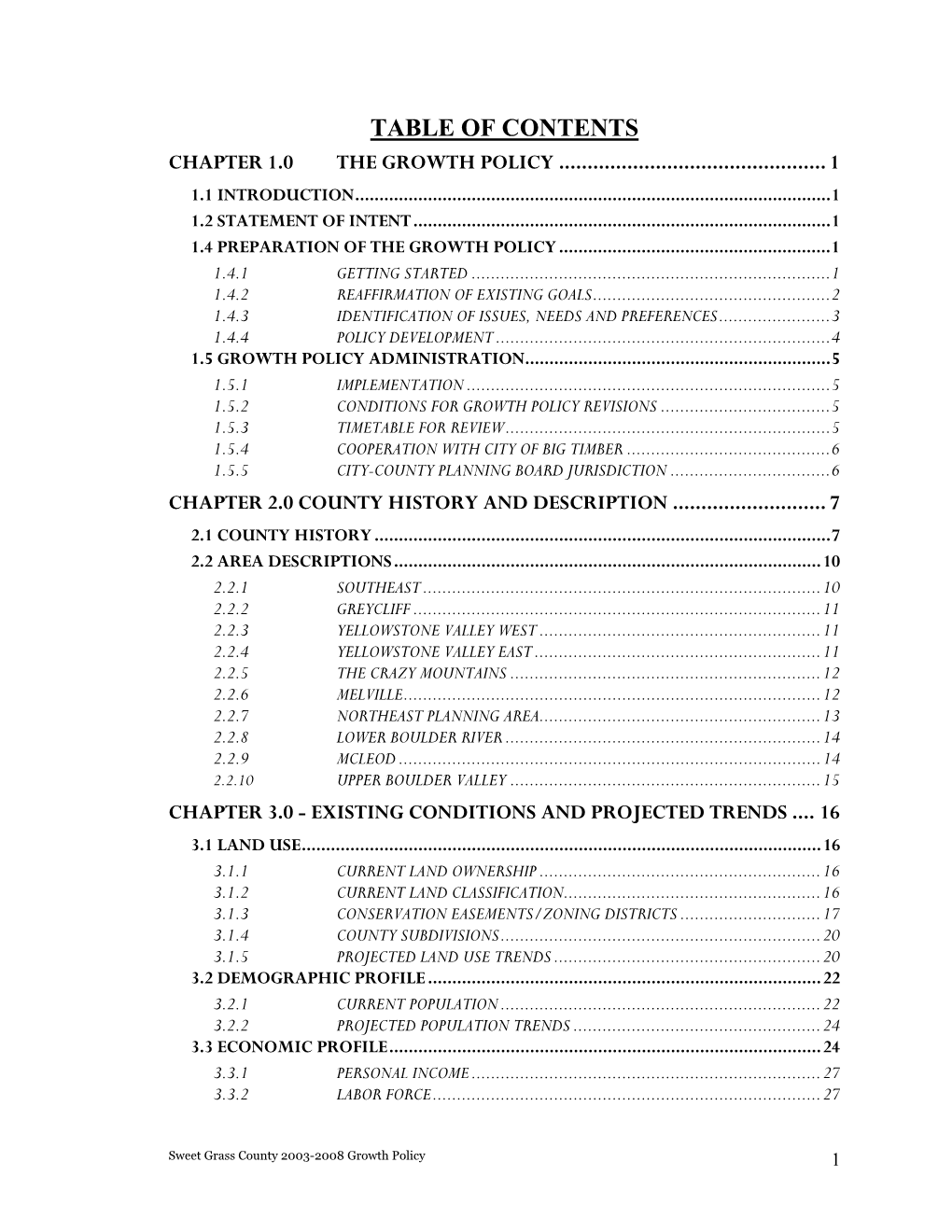 Table of Contents Chapter 1.0 the Growth Policy