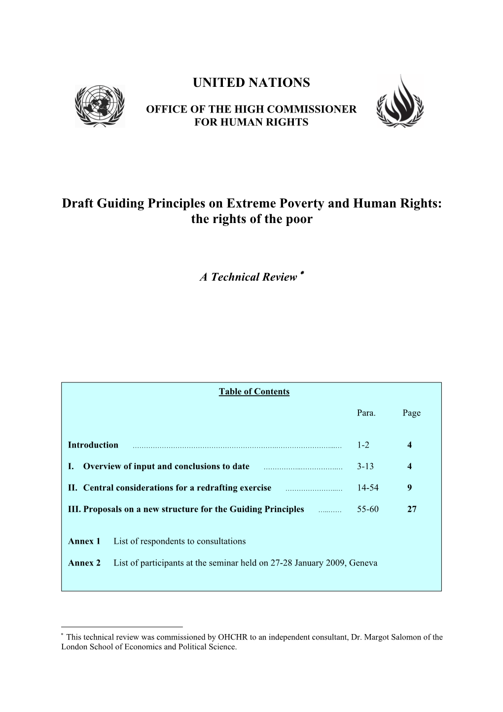 Draft Guiding Principles on Extreme Poverty and Human Rights: the Rights of the Poor