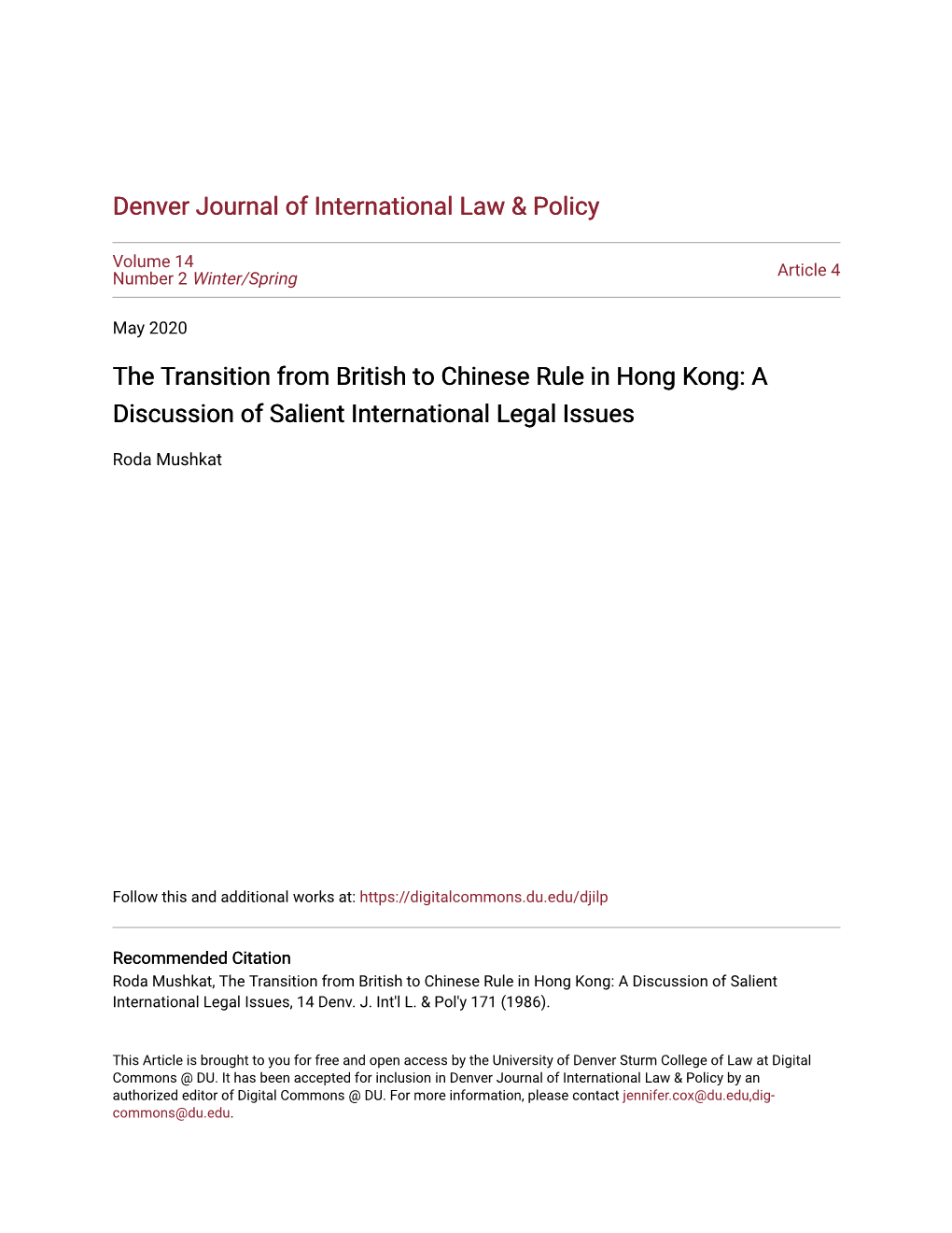 The Transition from British to Chinese Rule in Hong Kong: a Discussion of Salient International Legal Issues