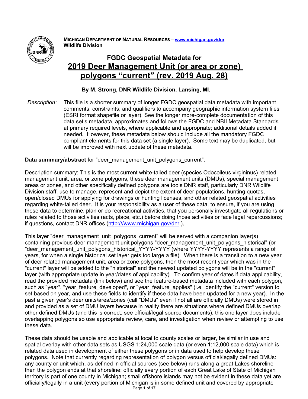 2019 Deer Management Unit (Or Area Or Zone) Polygons “Current” (Rev. 2019 Aug. 28)