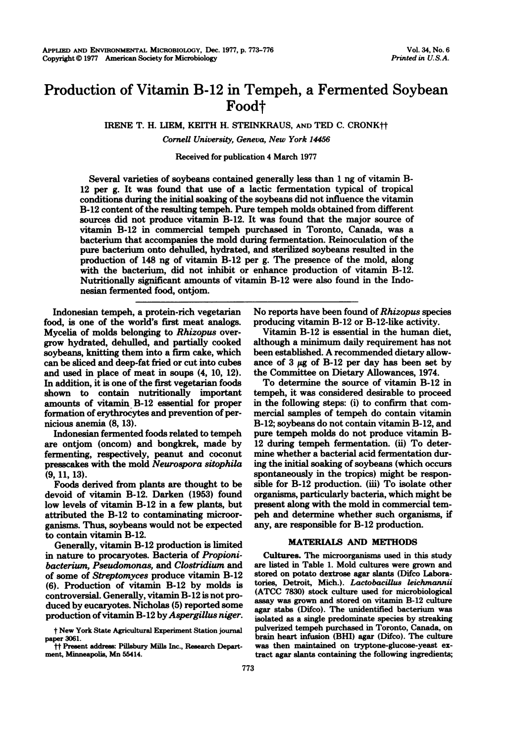 Production of Vitamin B-12 in Tempeh, a Fermented Soybean Food