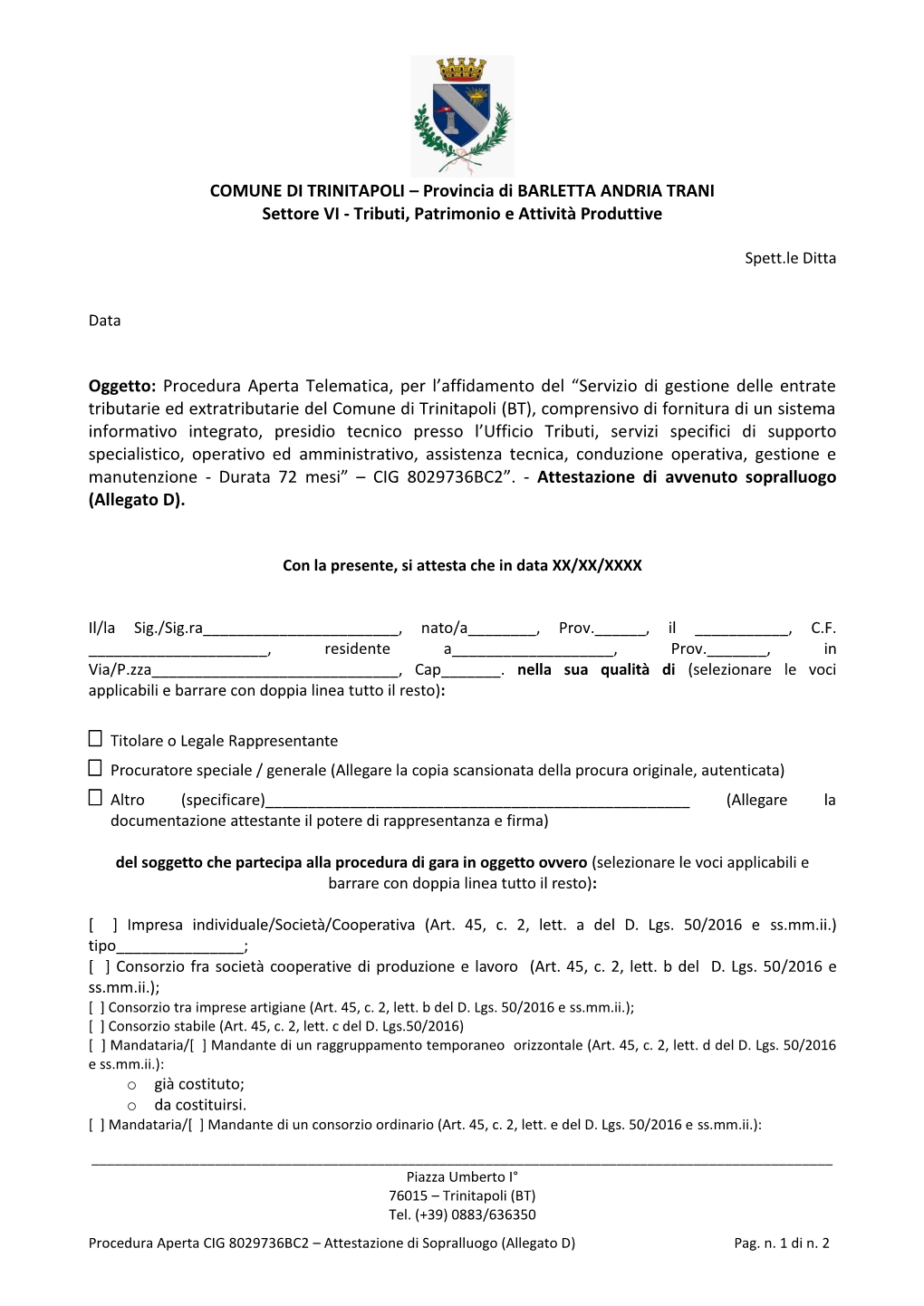 COMUNE DI TRINITAPOLI – Provincia Di BARLETTA ANDRIA TRANI Settore VI - Tributi, Patrimonio E Attività Produttive