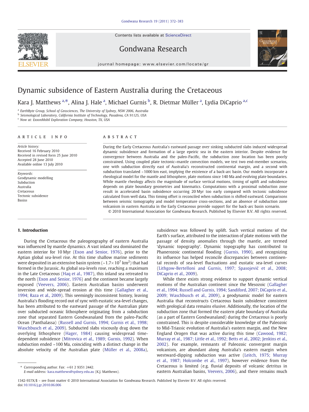 Dynamic Subsidence of Eastern Australia During the Cretaceous