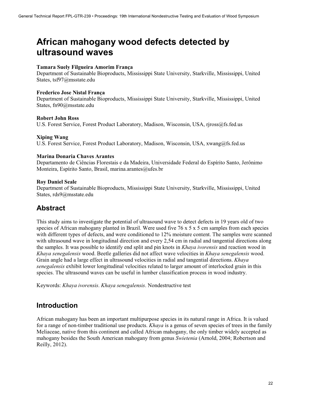 African Mahogany Wood Defects Detected by Ultrasound Waves