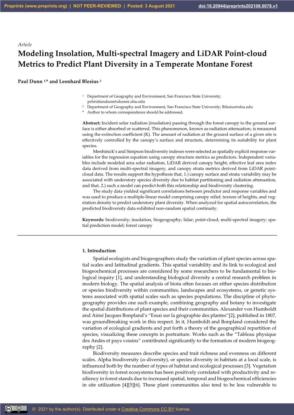 Modeling Insolation, Multi-Spectral Imagery and Lidar Point-Cloud Metrics to Predict Plant Diversity in a Temperate Montane Forest