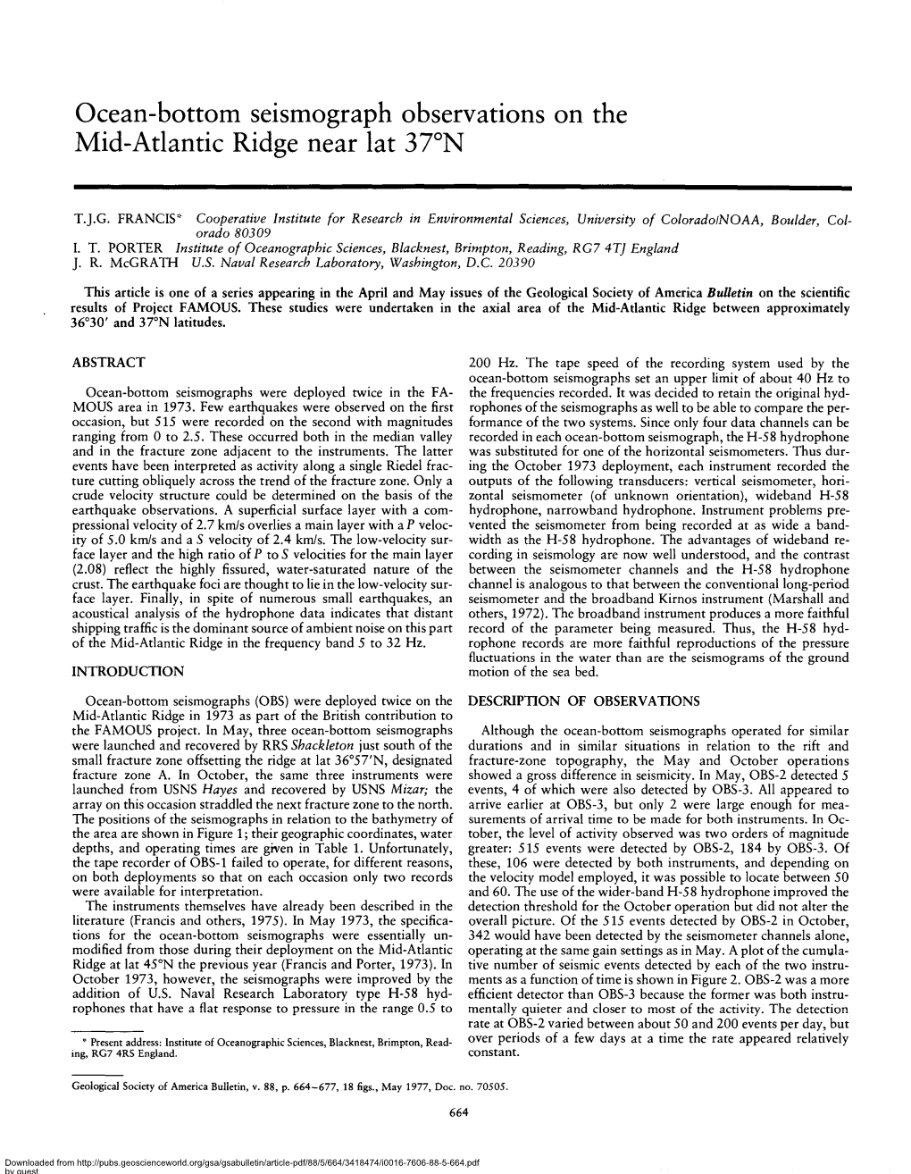 Ocean-Bottom Seismograph Observations on the Mid-Atlantic Ridge Near Lat 37°N