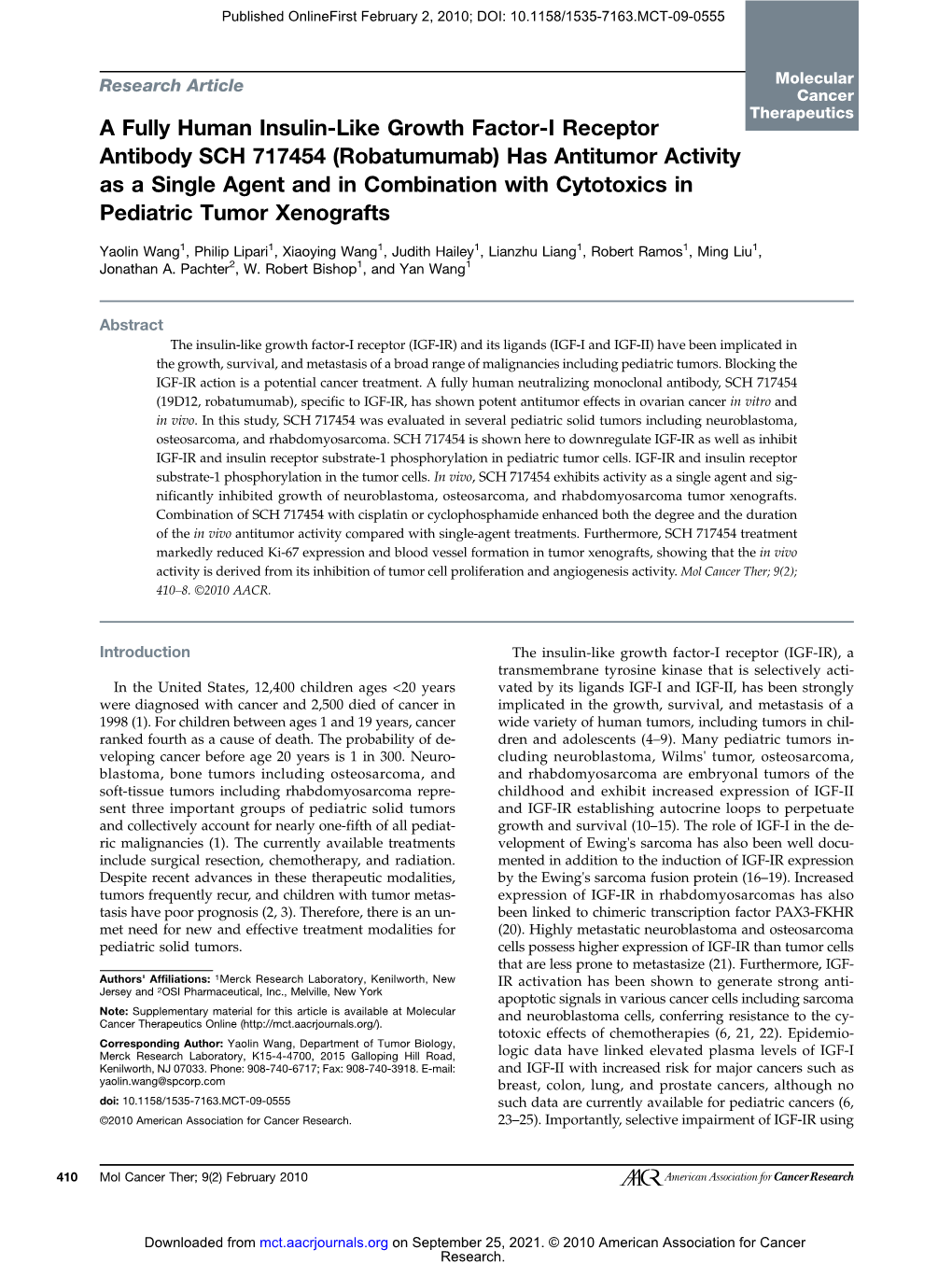 A Fully Human Insulin-Like Growth Factor-I Receptor Antibody SCH