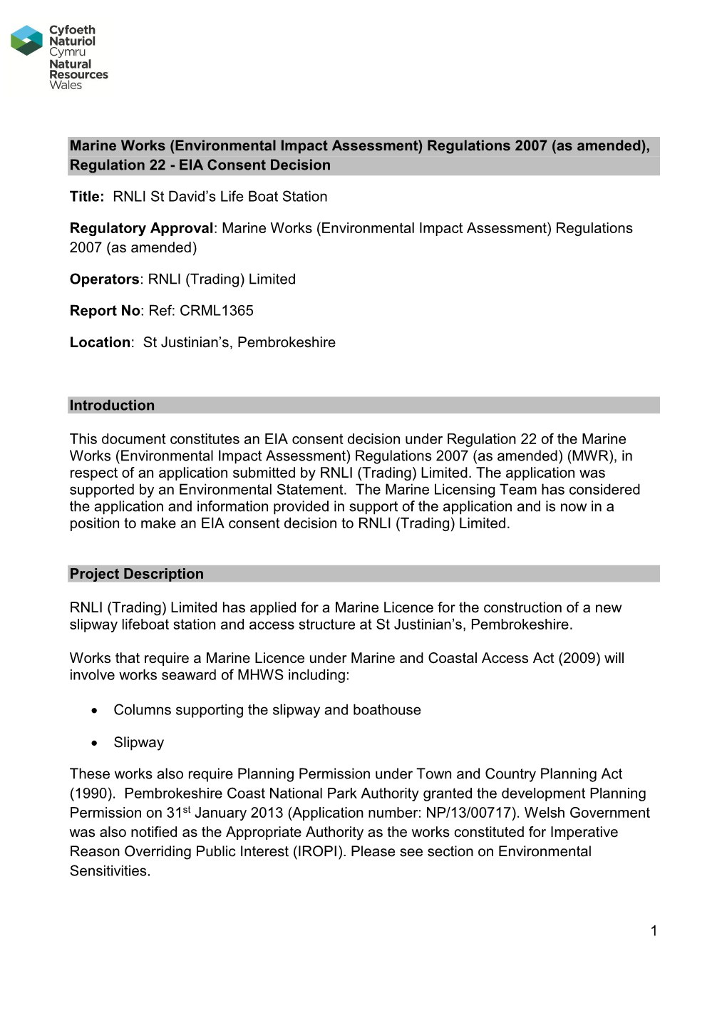 Environmental Impact Assessment) Regulations 2007 (As Amended), Regulation 22 - EIA Consent Decision