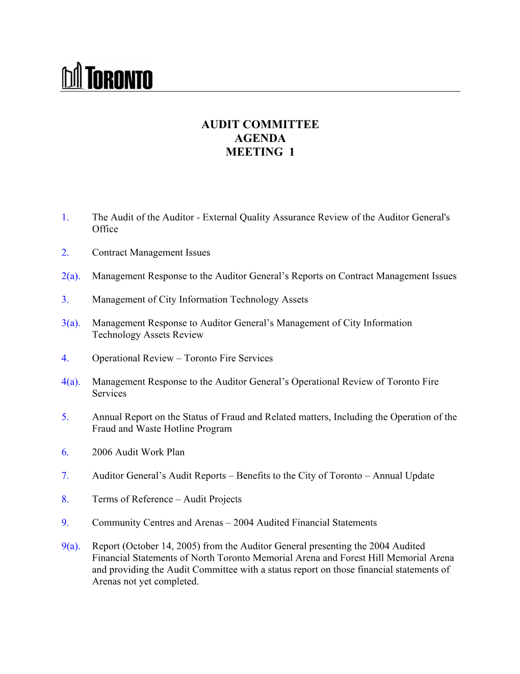 Audit Committee Agenda Meeting 1