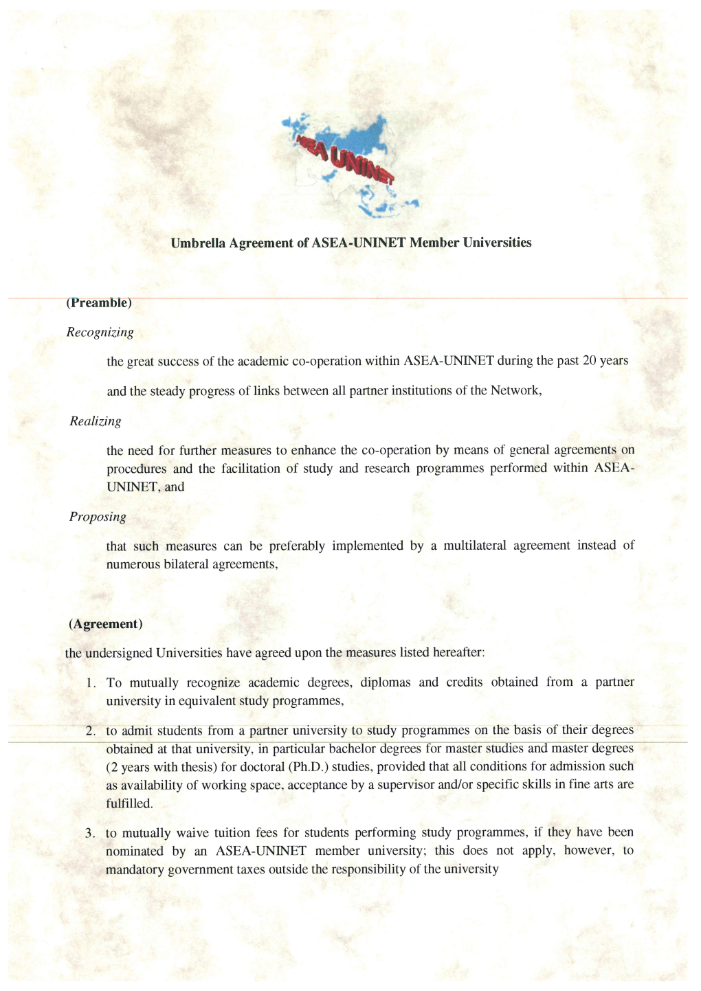 Umbrella Agreement of ASEA-UNINET Member Universities