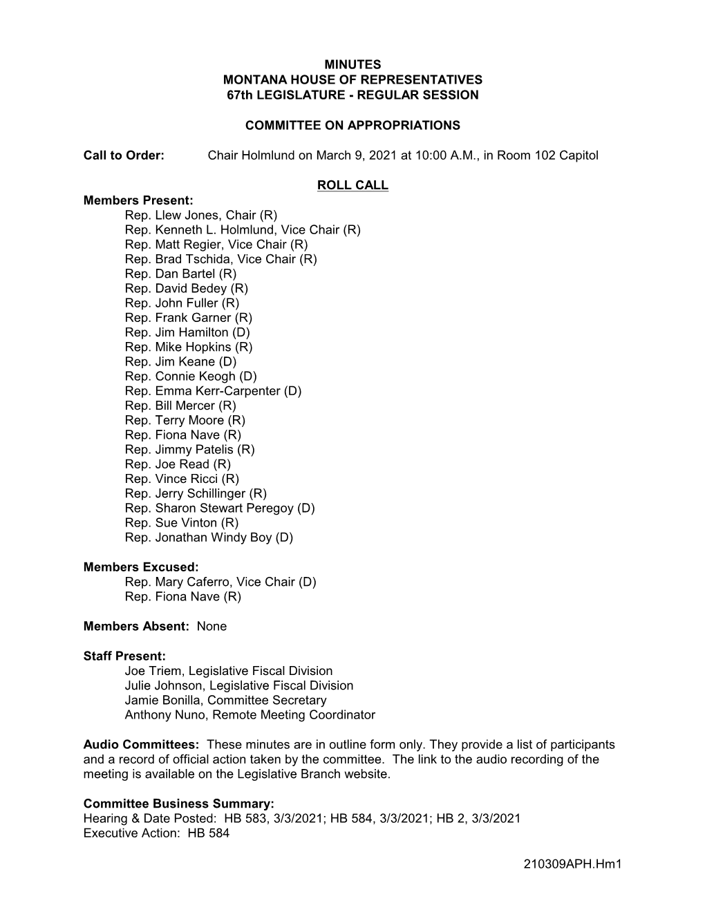 MINUTES MONTANA HOUSE of REPRESENTATIVES 67Th LEGISLATURE - REGULAR SESSION