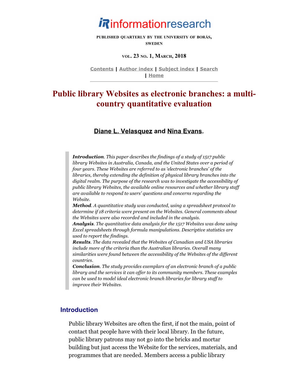 Public Library Websites As Electronic Branches: a Multi- Country Quantitative Evaluation