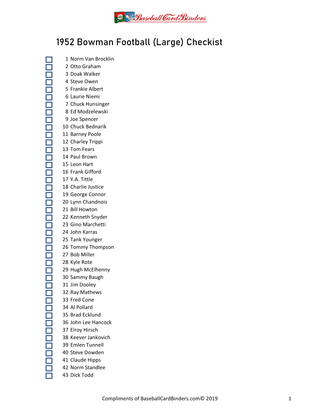 1952 Bowman Football (Large) Checkist