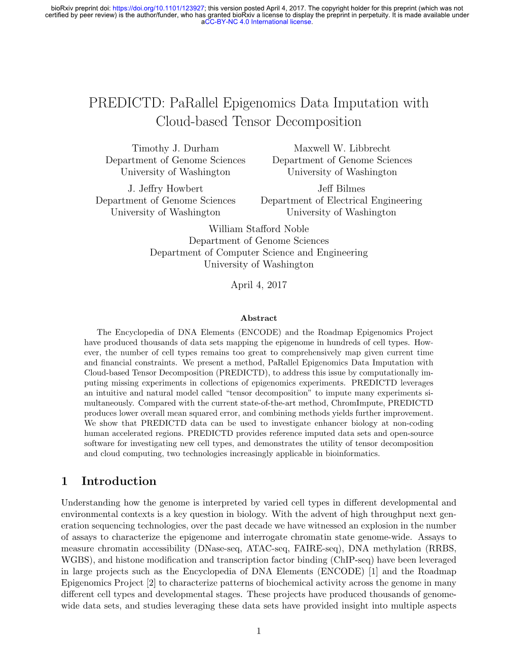 PREDICTD: Parallel Epigenomics Data Imputation with Cloud-Based Tensor Decomposition