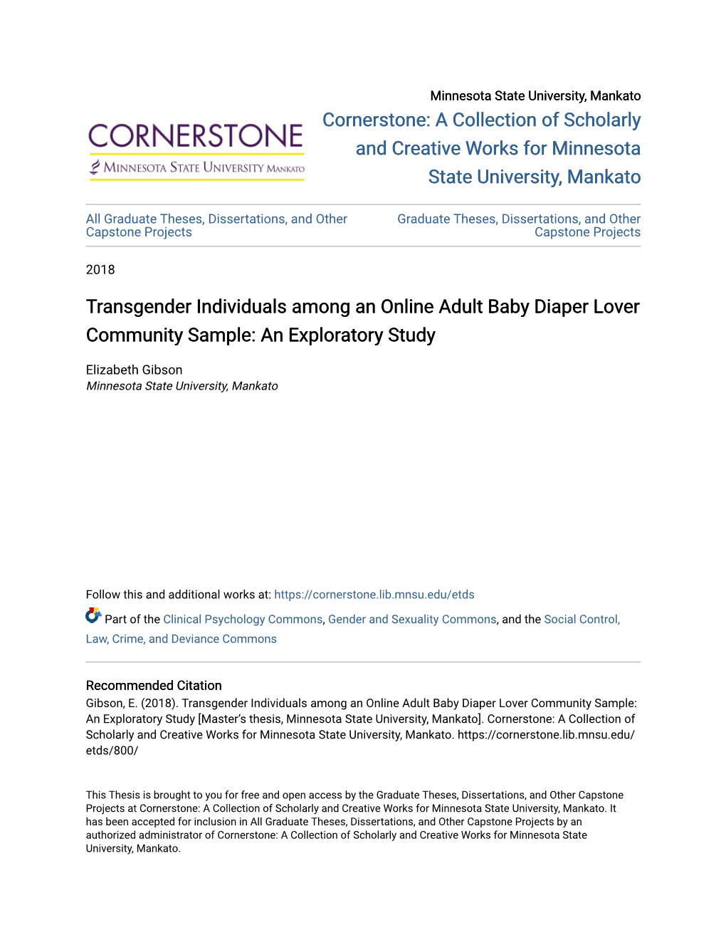 Transgender Individuals Among an Online Adult Baby Diaper Lover Community Sample: an Exploratory Study