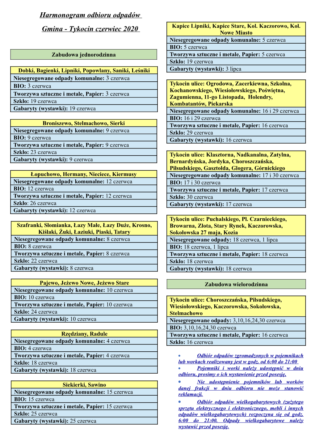 Harmonogram Odbioru Odpadów Gmina - Tykocin Czerwiec 2020 Kapice Lipniki, Kapice Stare, Kol