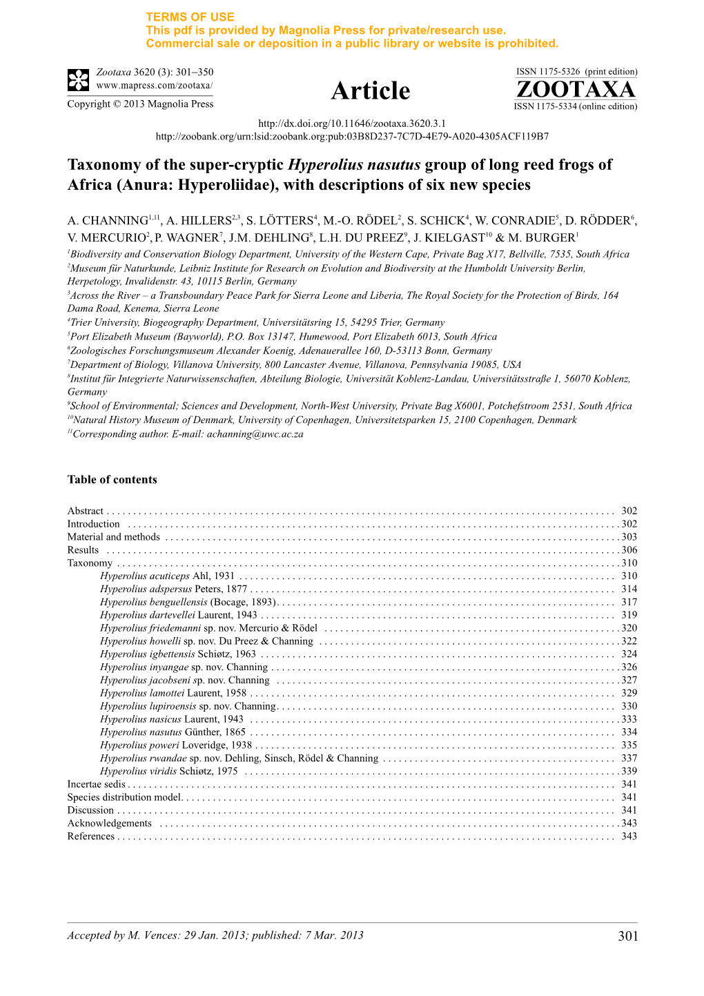 Taxonomy of the Super-Cryptic Hyperolius Nasutus Group of Long Reed Frogs of Africa (Anura: Hyperoliidae), with Descriptions of Six New Species