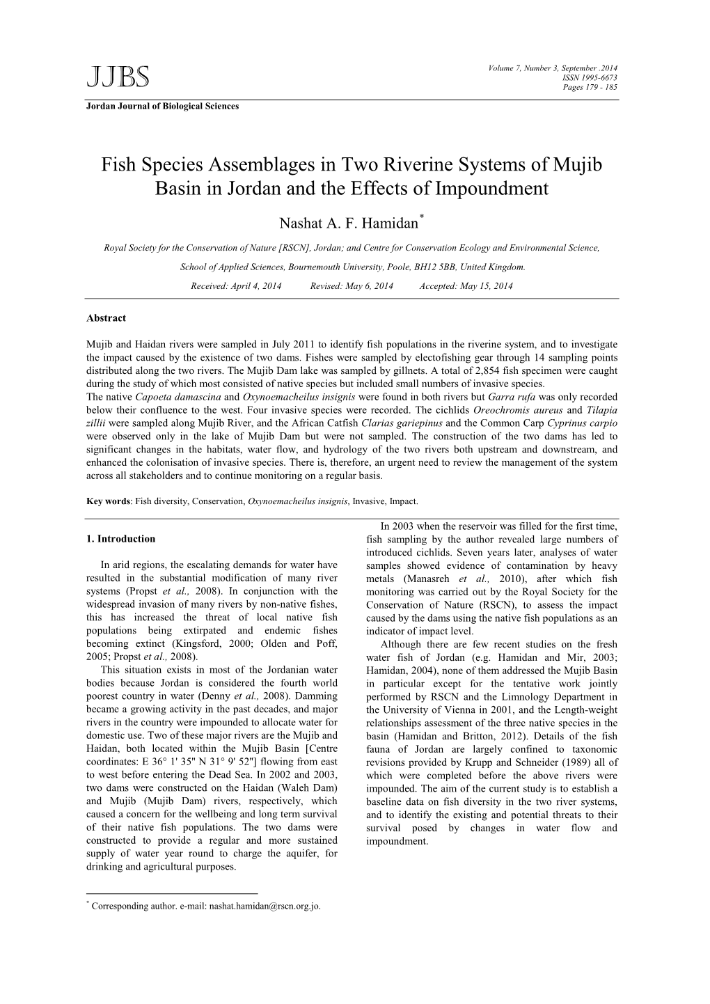 Fish Species Assemblages in Two Riverine Systems of Mujib Basin in Jordan and the Effects of Impoundment