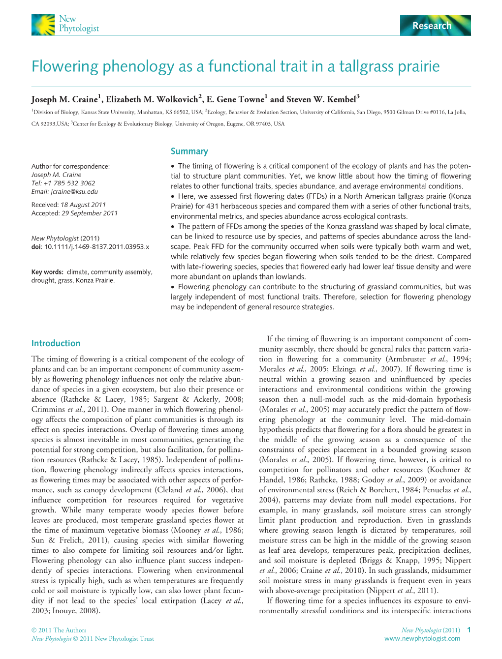 Flowering Phenology As a Functional Trait in a Tallgrass Prairie