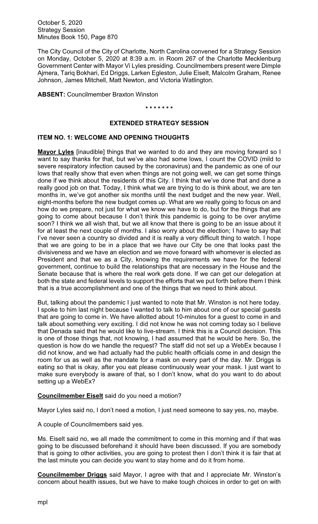 October 5, 2020 Strategy Session Minutes Book 150, Page 870