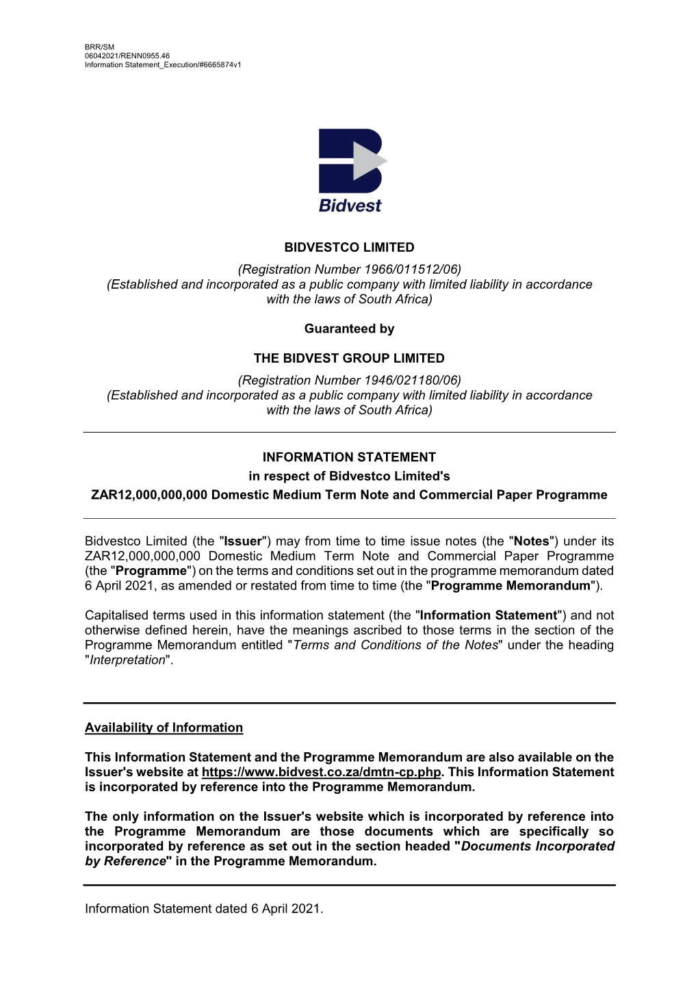 Bidvestco Programme Information Statement