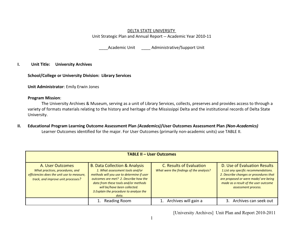 Unit Strategic Plan and Annual Report Academic Year 2010-11