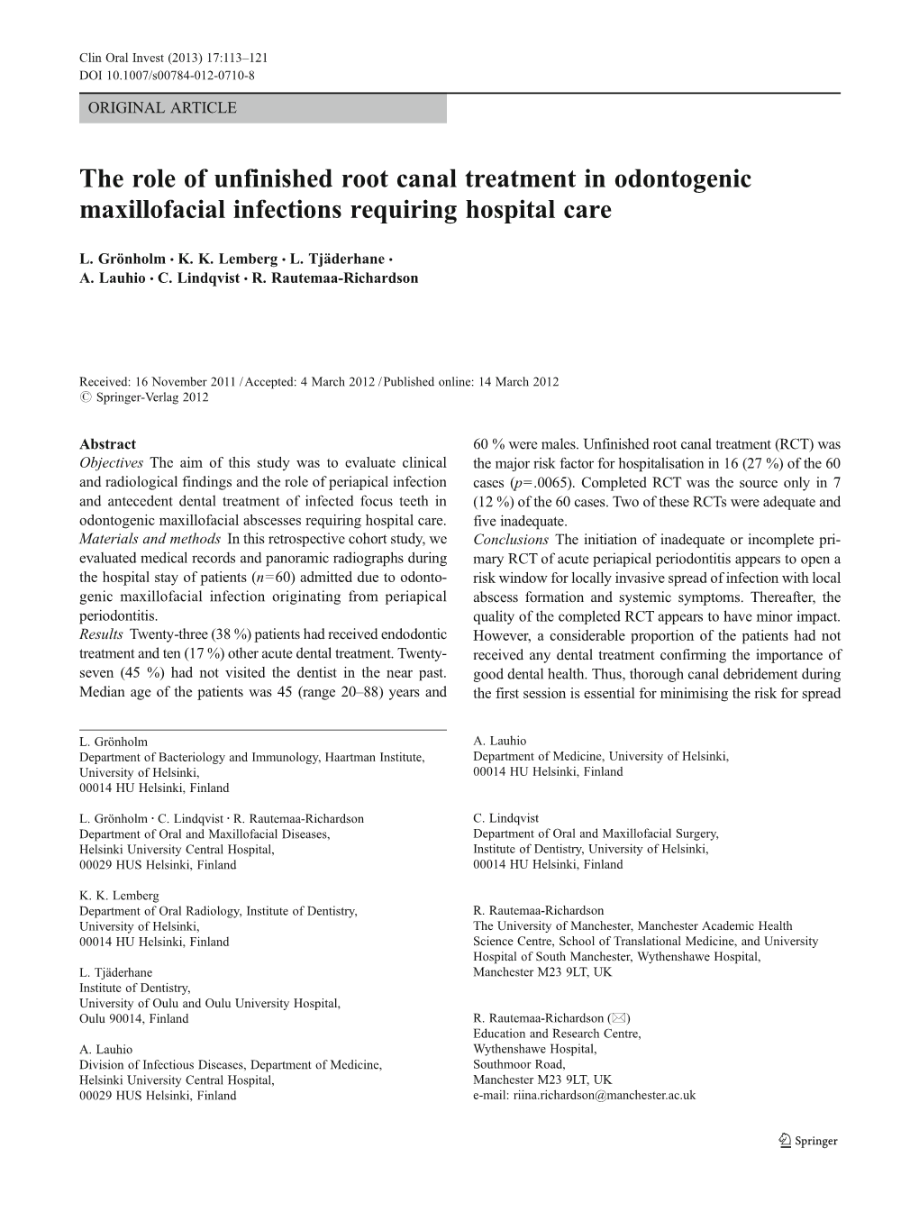 The Role of Unfinished Root Canal Treatment in Odontogenic Maxillofacial Infections Requiring Hospital Care