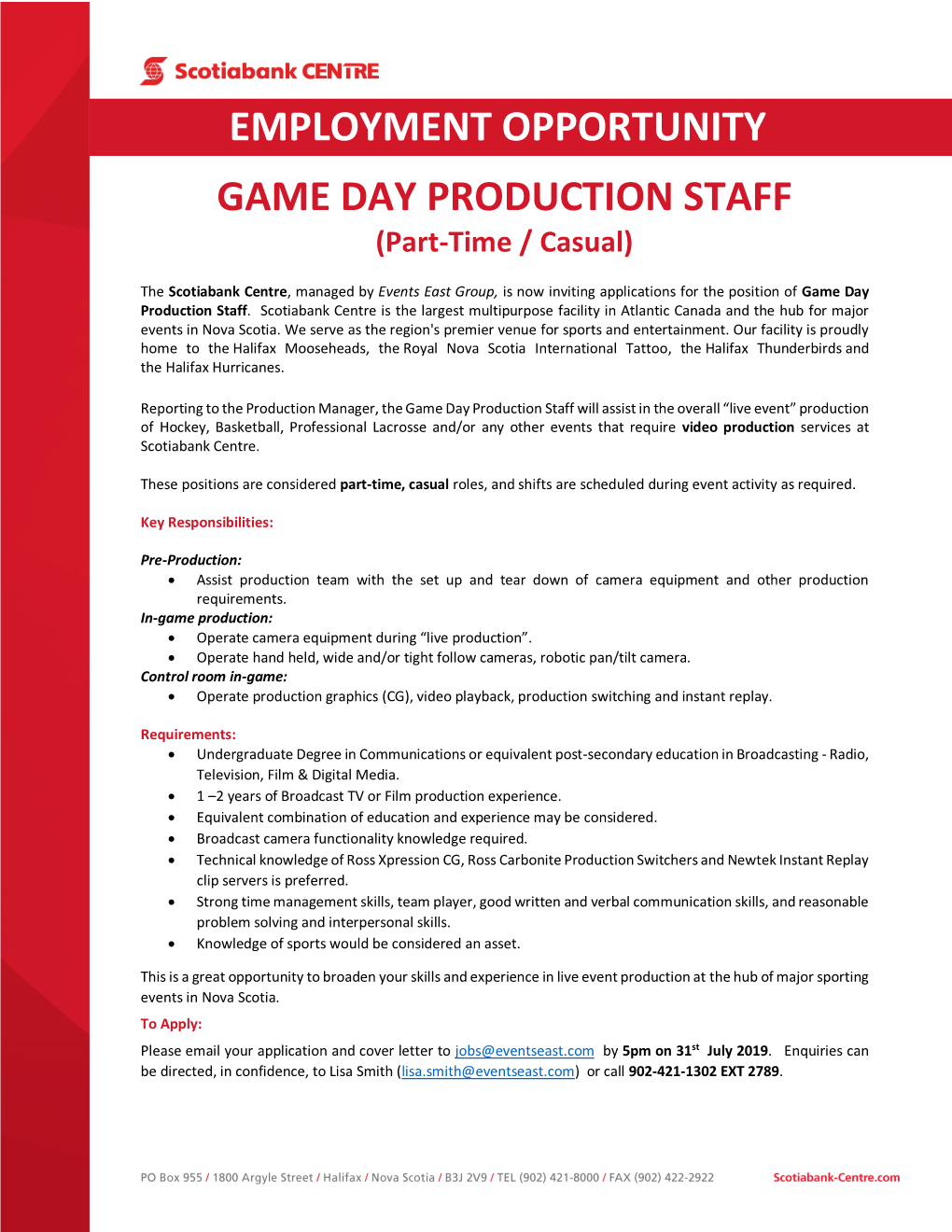 EMPLOYMENT OPPORTUNITY GAME DAY PRODUCTION STAFF (Part-Time / Casual)
