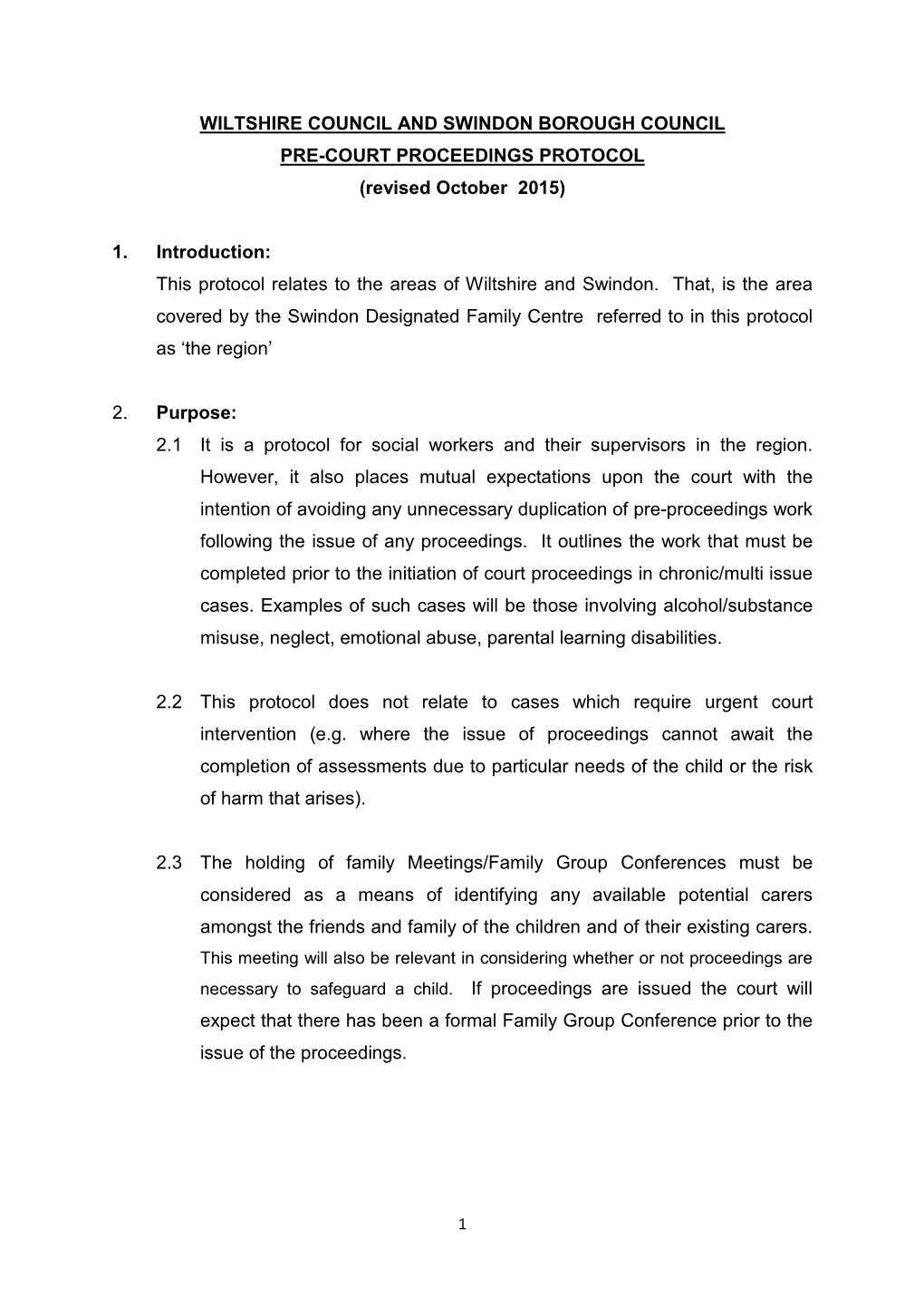 WILTSHIRE COUNCIL and SWINDON BOROUGH COUNCIL PRE-COURT PROCEEDINGS PROTOCOL (Revised October 2015)