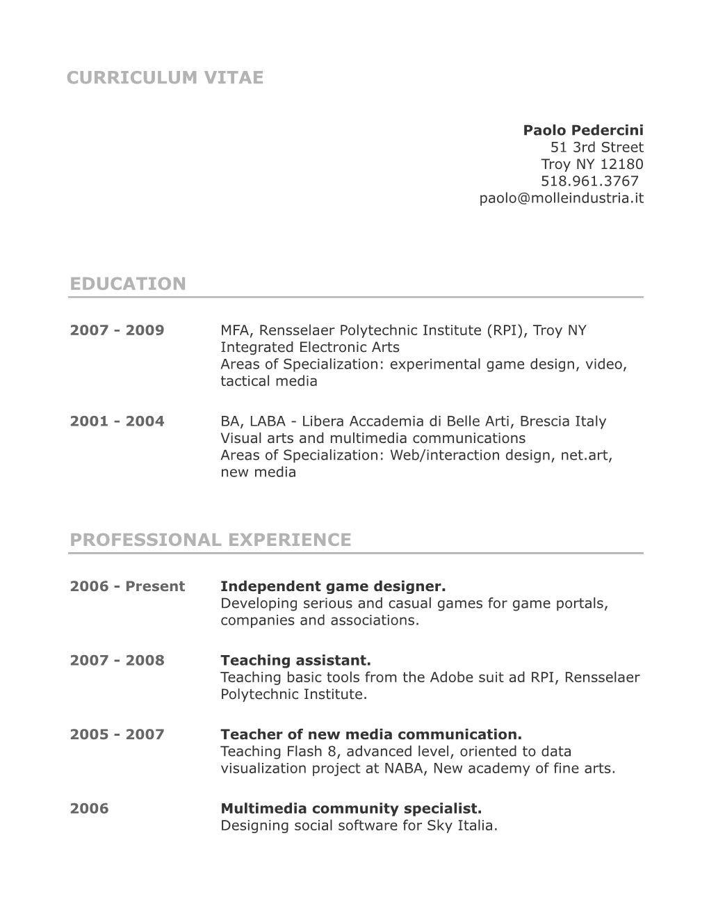 Curriculum Vitae Education Professional Experience