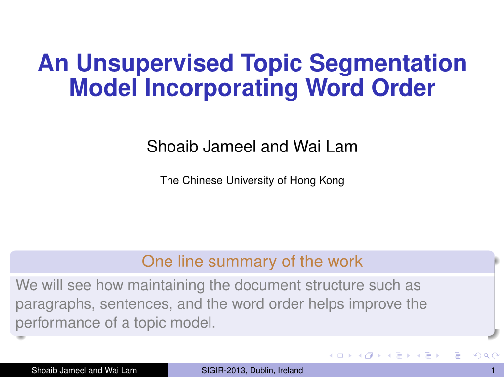An Unsupervised Topic Segmentation Model Incorporating Word Order