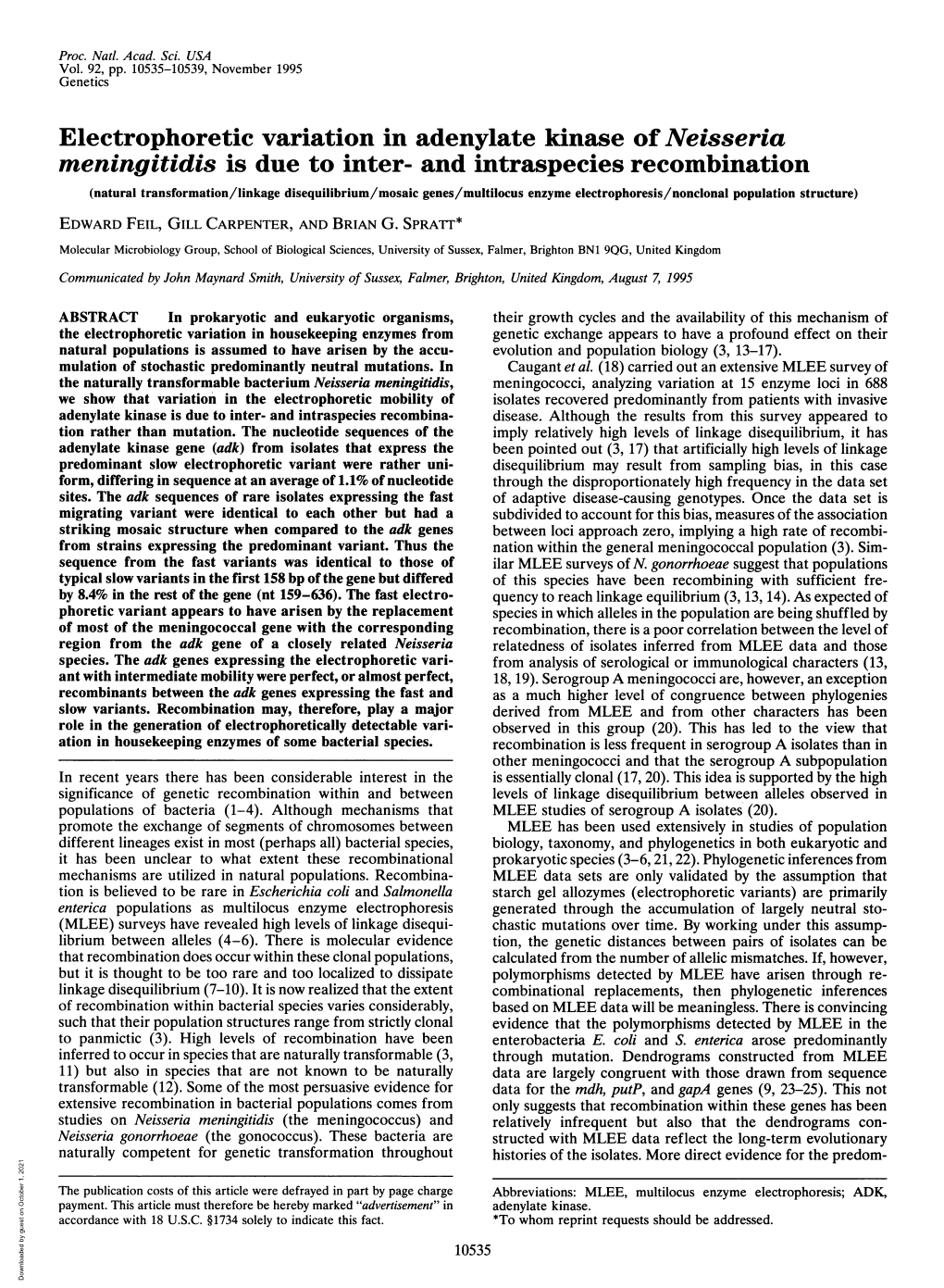 Electrophoretic Variation in Adenylate Kinase Ofneisseria