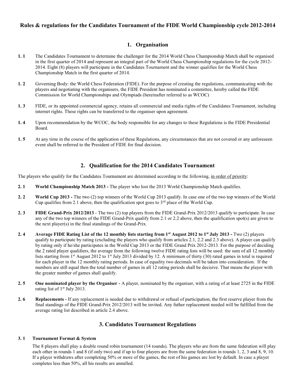 Rules & Regulations for the Candidates Tournament of the FIDE