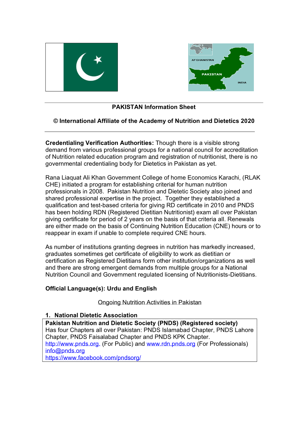 PAKISTAN Information Sheet
