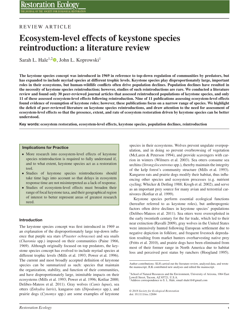 Ecosystem-Level Effects of Keystone Species Reintroduction: a Literature Review Sarah L