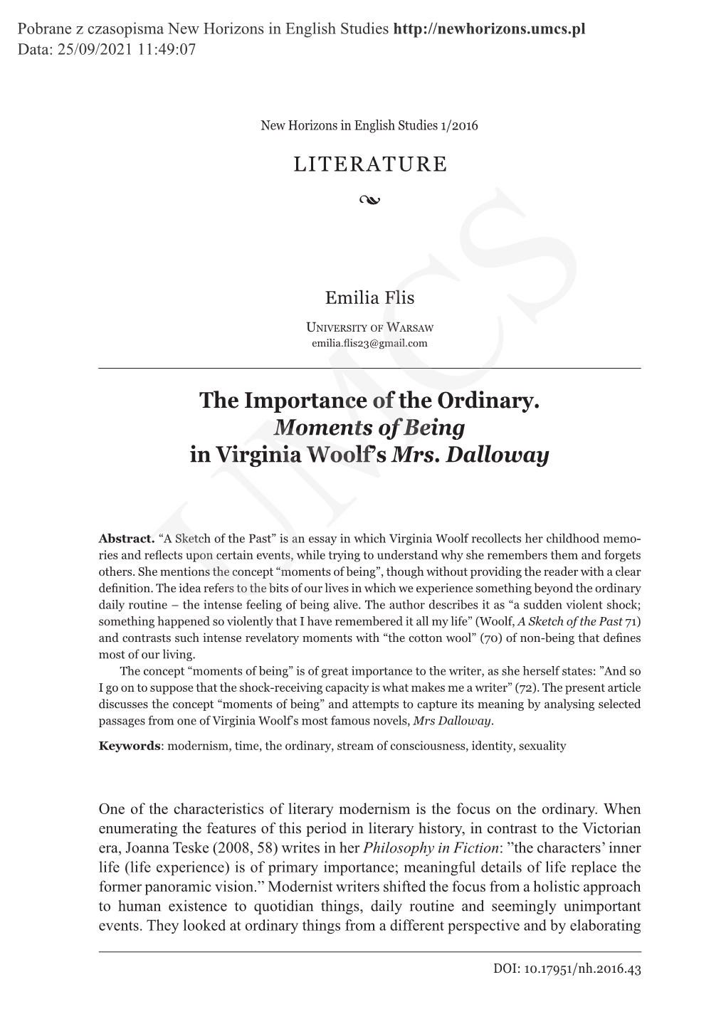 The Importance of the Ordinary. Moments of Being in Virginia Woolf’S Mrs