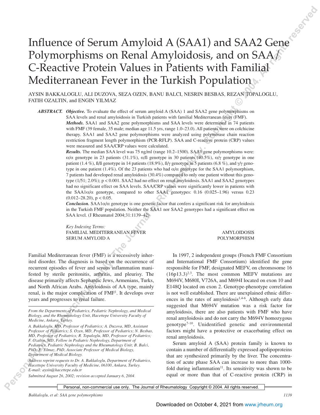 Influence of Serum Amyloid a (SAA1) And