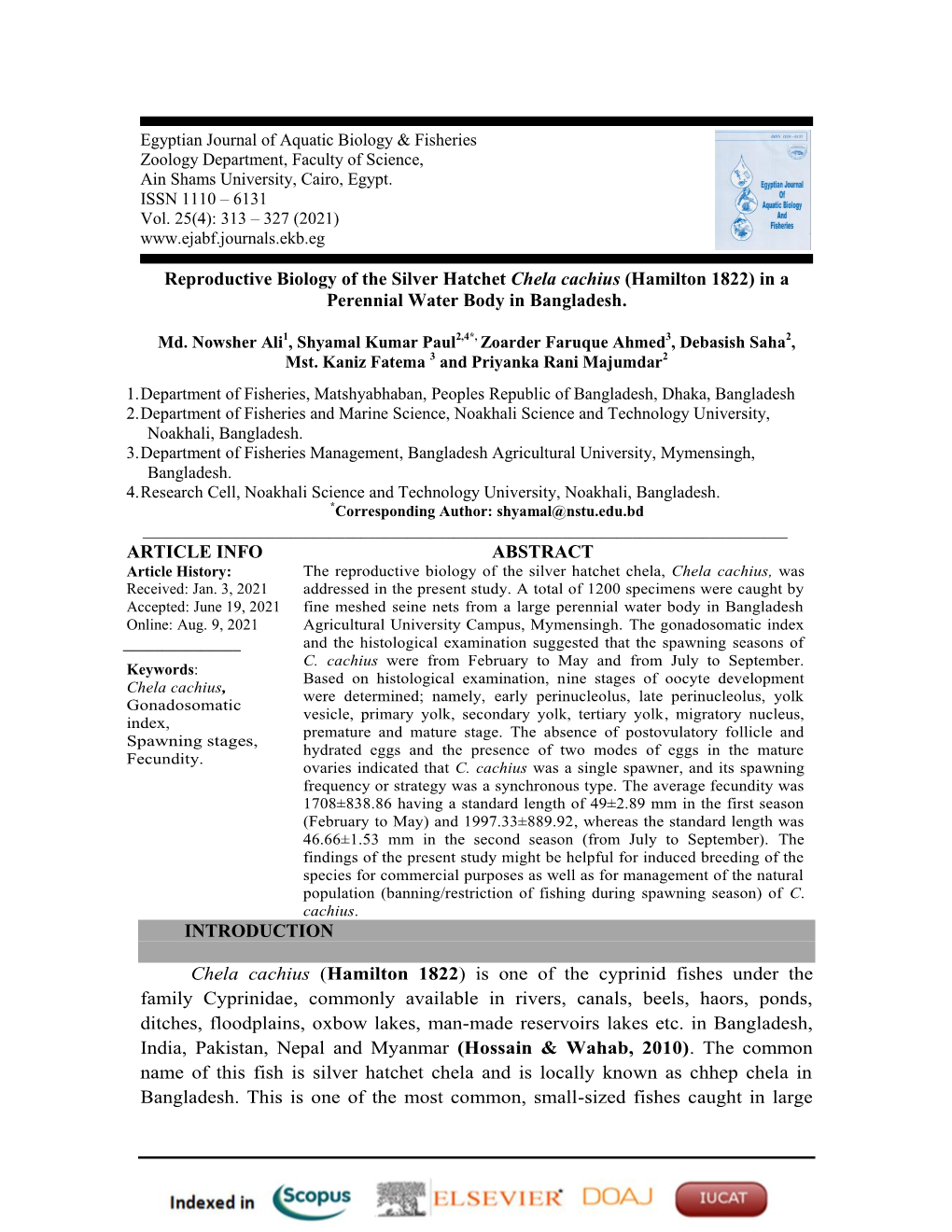 Reproductive Biology of the Silver Hatchet Chela Cachius (Hamilton 1822) in a Perennial Water Body in Bangladesh