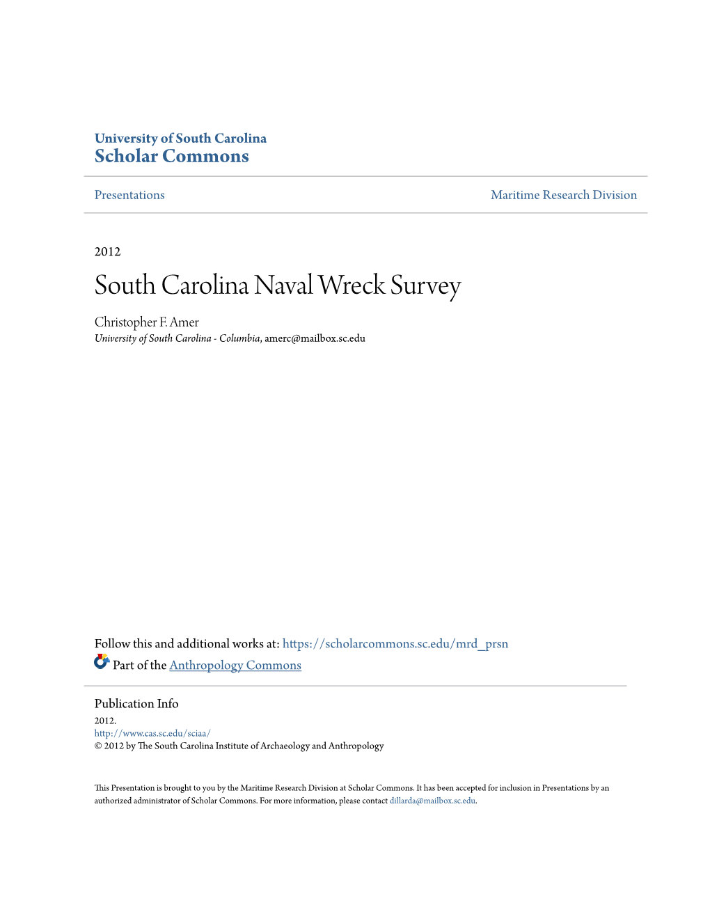 South Carolina Naval Wreck Survey Christopher F