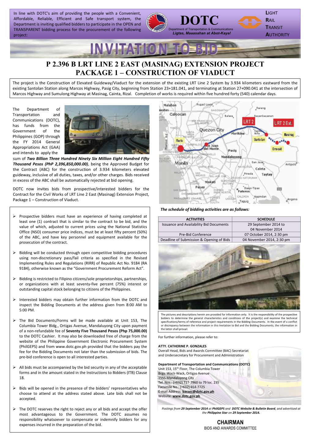 P 2.396 B Lrt Line 2 East (Masinag) Extension Project Package 1 – Construction of Viaduct