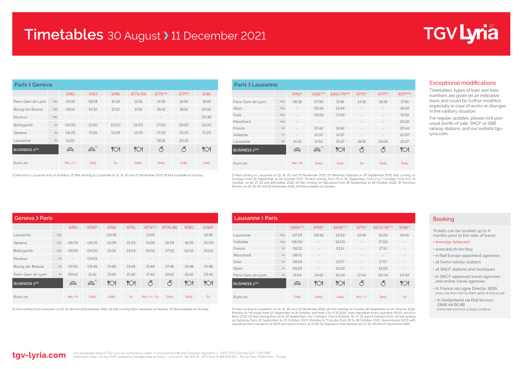 Download TGV Lyria Timetables from 30 August to 11 December 2021